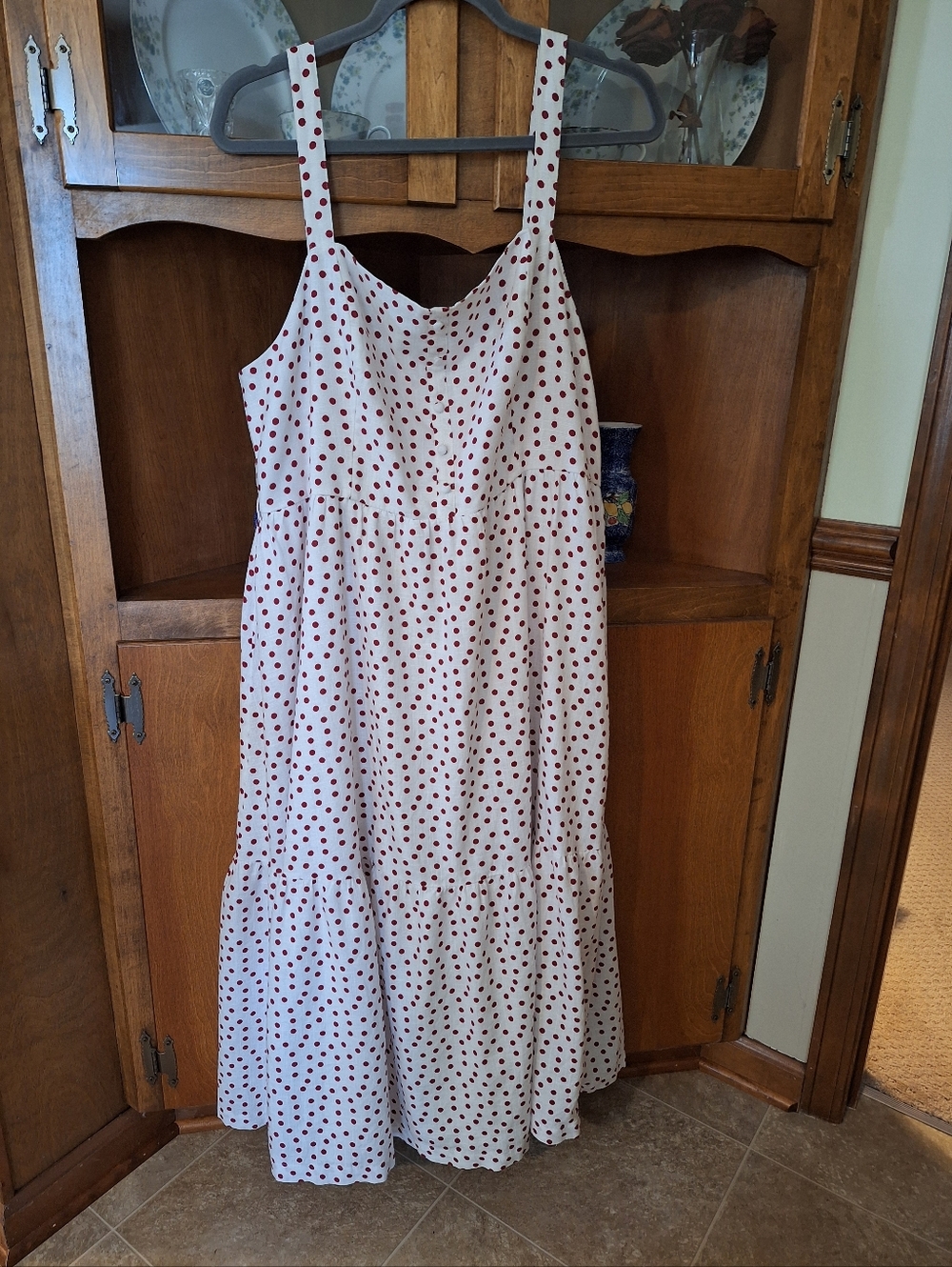 Lauren Conrad White/Red Polka Dot Tiered Midi Dress Thin Straps Lined Size XXL